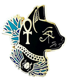 A pin badge featuring an artistic depiction of the Ancient Egyptian goddess Bastet, represented with a cat's head, adorned with symbols and colors from Egyptian mythology.