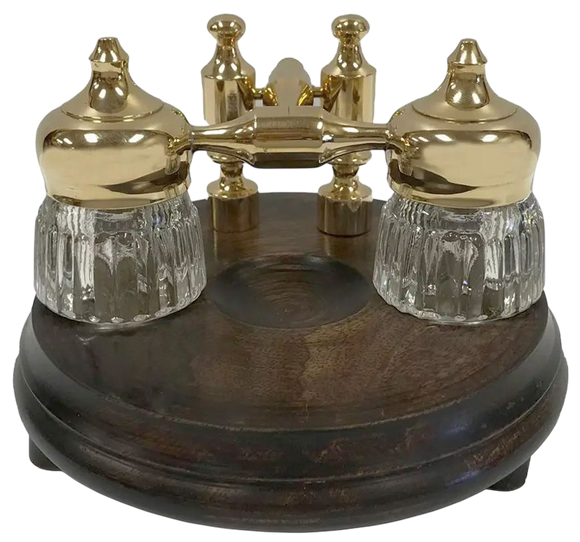 Wood and Polished Solid Brass Dual Inkwell Stand – Dark Rain Design