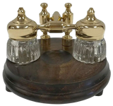 Wood and Polished Solid Brass Dual Inkwell Stand